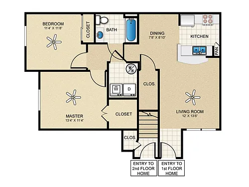Floor plan 2 Bed, 1 Bath A (80% Income Restricted)
