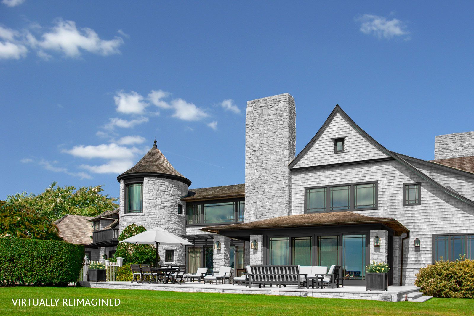  Rear view of the pool area at 6 Dannielles Way, Bridgehampton, NY (virtually re-imagined)