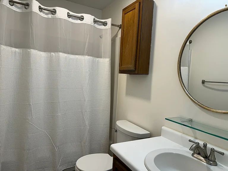 Hall bathroom
Full tub
Rain shower head with flexible hose
Framed mirror
Glass shelf for sundries
Storage on wall and under sink