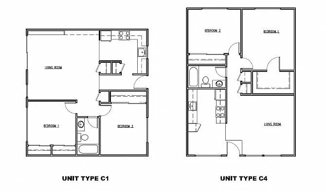 Floor plan 2 Bedroom 1 Bath Plan C1 & C4