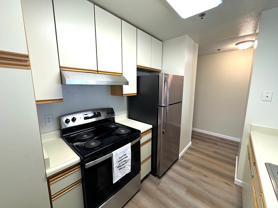 Stainless steel appliances (stove, fridge, and dishwasher)