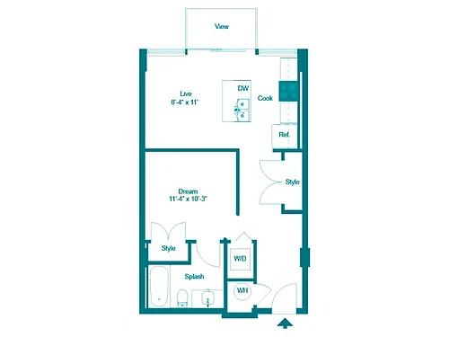 Floor plan Studio One Bath (580 SF)