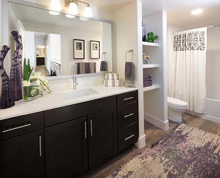 Bathroom with built in shelving and quartz countertops