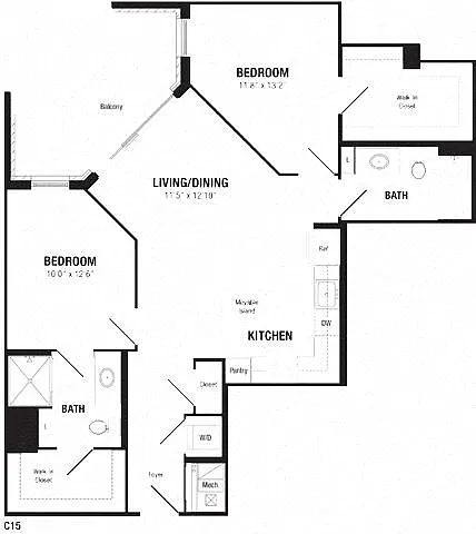 Floor plan 2 Bedroom, 2 Bath 953 SF C15