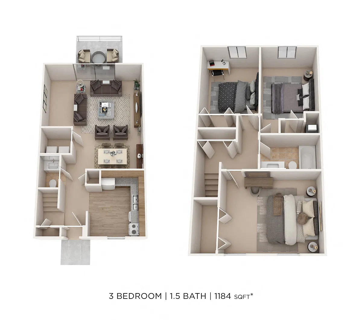 Floor plan Three Bedroom 1.5 Bath Townhome- 1,184 sqft