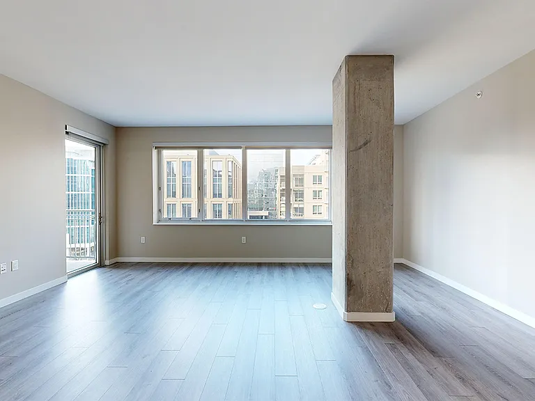 Apartment living room with wood-style flooring.