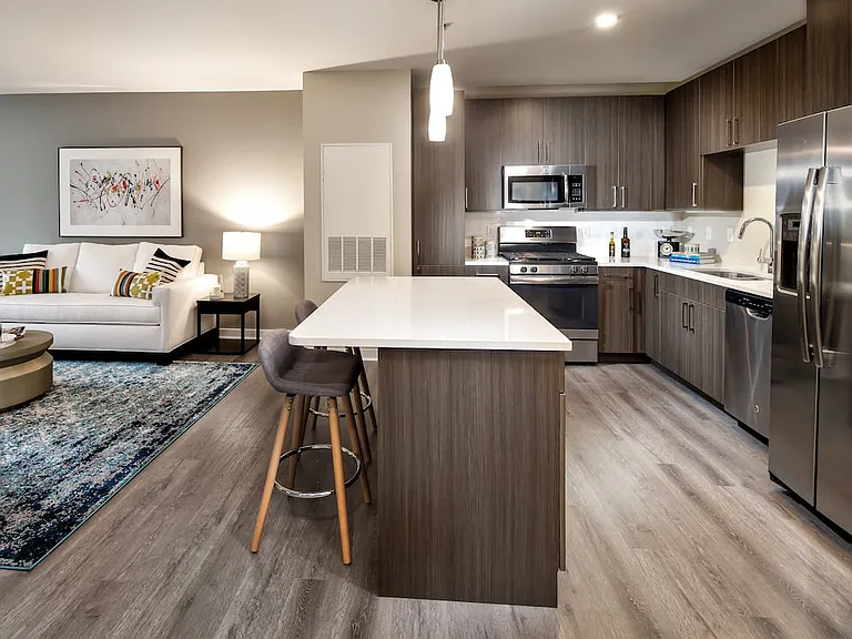 Avalon Package kitchen and living room with hard surface flooring