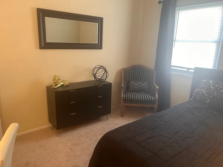 Second bedroom includes mirror above dresser and small closet for storage.