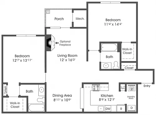 Floor plan 2BR 2BA (1090sf)