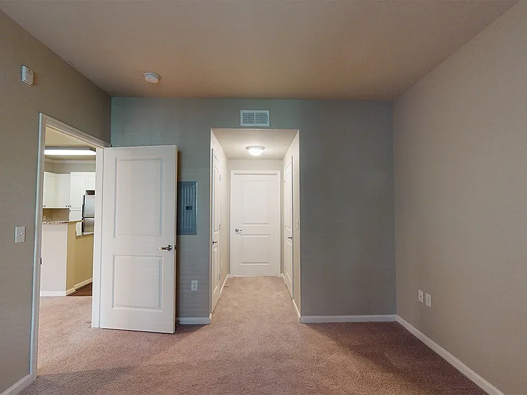 Spacious apartment bedroom with large closet and plush carpet flooring.