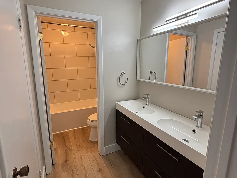 Primary Bath, new vanity, lighting, tub, and toilet