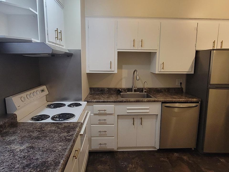 Lots of cabinets. New dishwasher and fridge. Stainless steel stove surround.