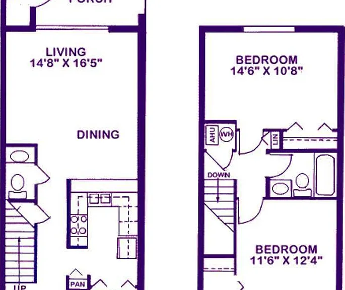 This floor plan features 2/1.5. For our 2/2.5 the floor plan would feature washer and dryer room at entrance in separate room and each bedroom will have it;s own bathroom .