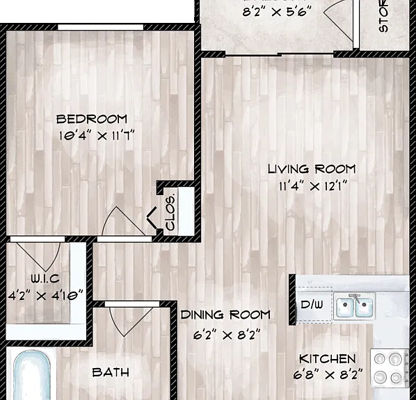 1 Bed 1 Bath Floorplan Diagram