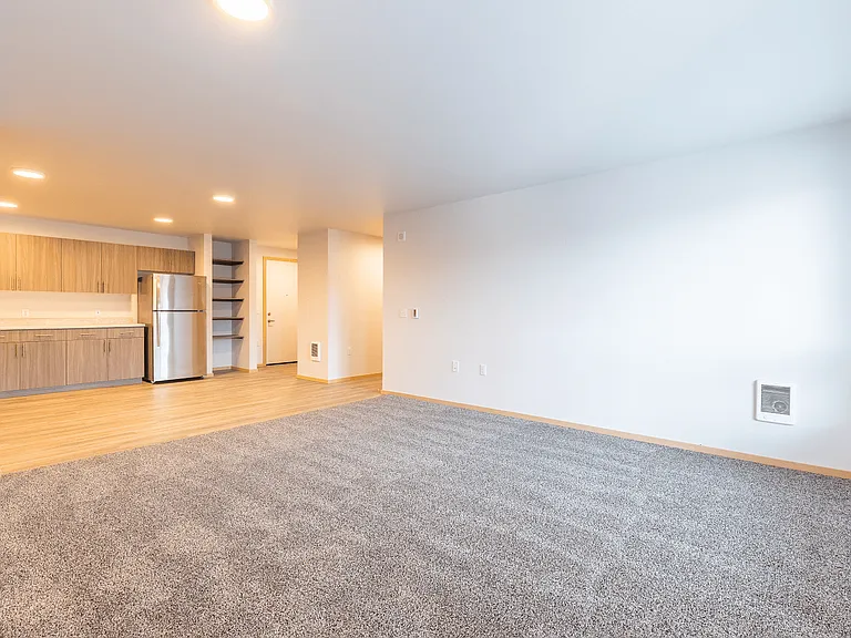 Spacious Living Room with Carpet and kitchen view