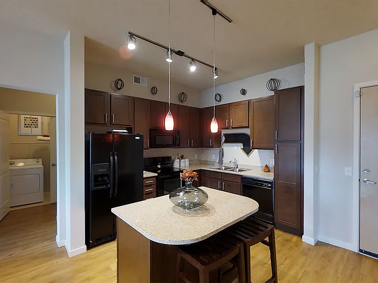 Apartment kitchen with granite countertops and wood-style flooring.