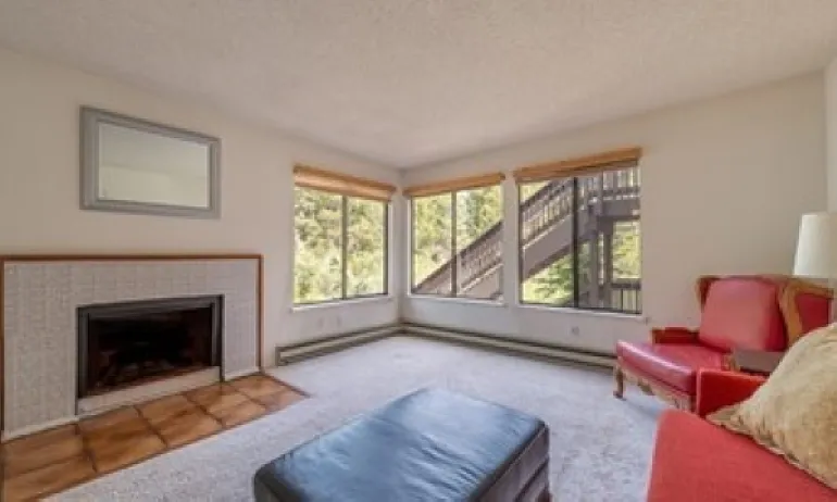 Open and light, semi-furnished living room, with creek views.