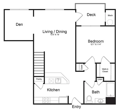 Floor plan One Bedroom One Bath with Loft and Den (1087 SF)