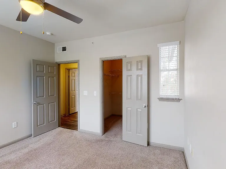 Spacious apartment bedroom with large closet and plush carpet flooring.