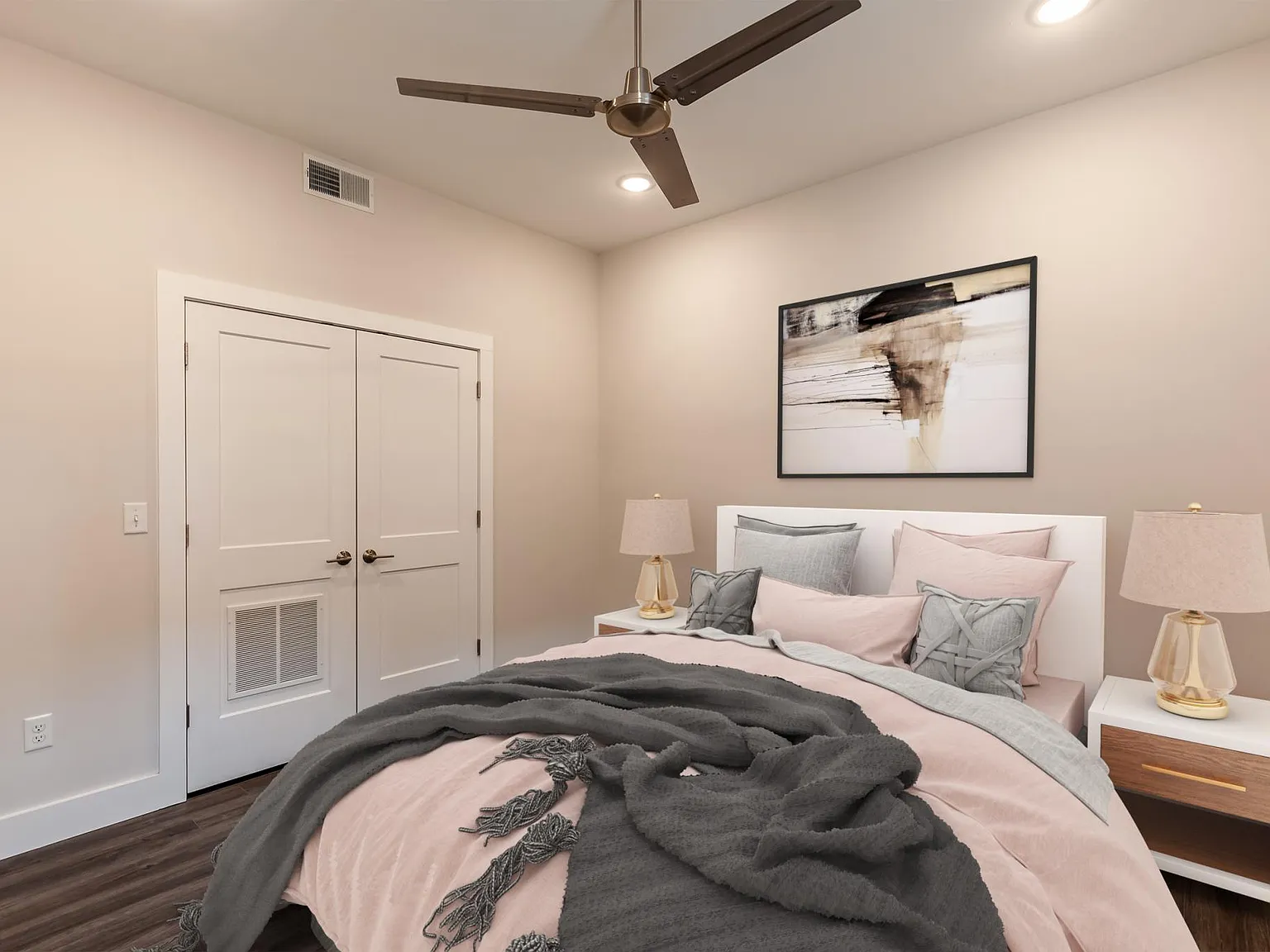 Primary bedroom shown with a queen bed.