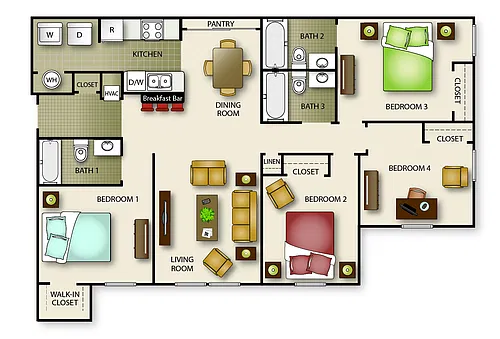 Floor plan Four Bedroom Three Bath (b)