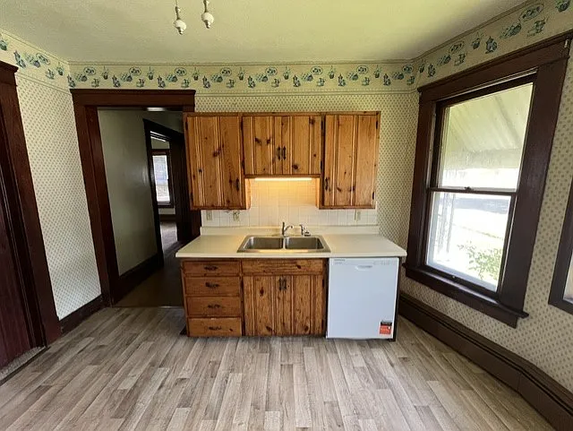 Kitchen view with new dishwasher+sink with disposal.