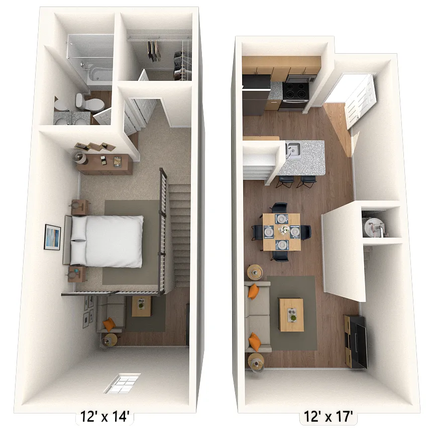 Floor plan Dual Level 1x1 616-880 SF