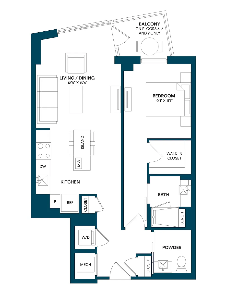 Floor plan 1 Bed/1 Bath-E2 TYP 16