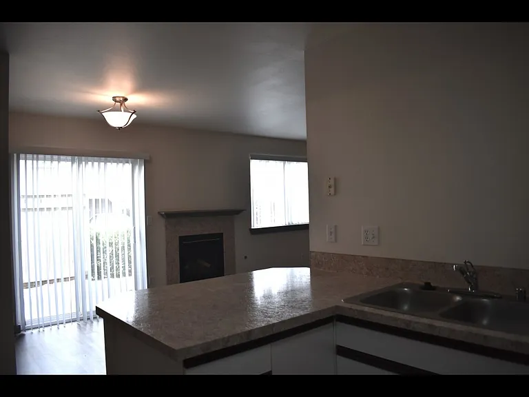 View from standing in the kitchen. The slider door leads out to your own private patio, gas burning fireplace. Put a couple stools up next to the countertop and you'll have a nice kitchen nook for a cup of coffee or breakfast!