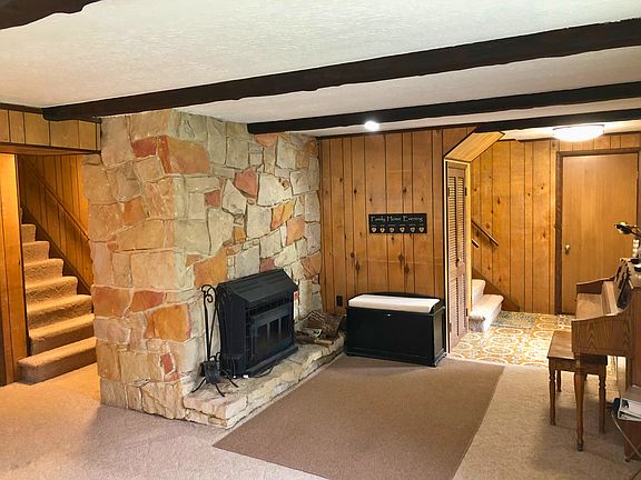 1st floor entry, living room and fireplace.