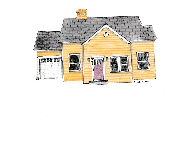 Watercolor of Hunsucker's Place, a revitalized 1942 cottage with charming curb appeal, off-street parking, and a prime location near Downtown Greensboro and Cone Health Hospital. Perfect for professionals and travelers seeking comfort and convenience.