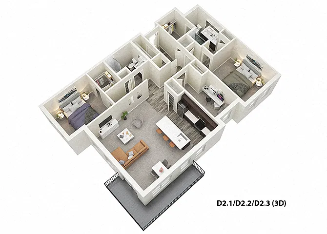 Floor plan 2 Bed 2 Bath plus Den (D2)