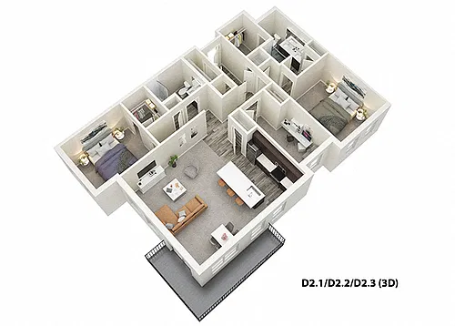 Floor plan 2 Bed 2 Bath plus Den (D2)