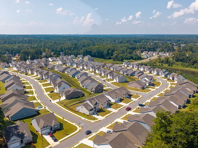 Scenic aerial shot capturing the homes and neighborhood streets.