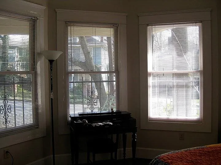 2nd bedroom with blinds open. Each of the bedrooms is very large with large closet