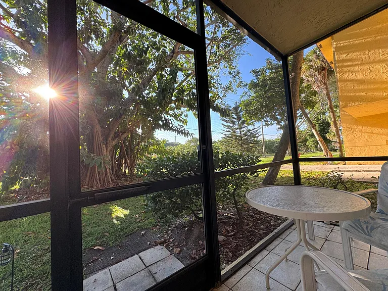 Screen room / Florida room view with privacy from large Banyan tree behind expansive yard and canal