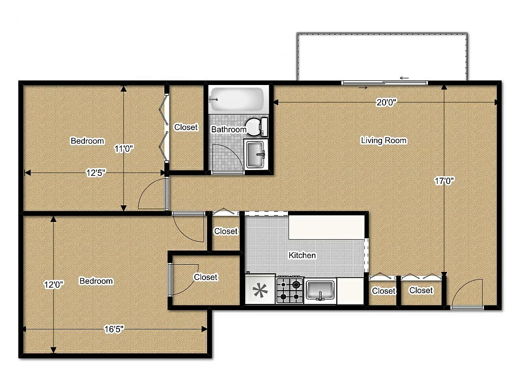Floor plan Two Bed One Bath Standard