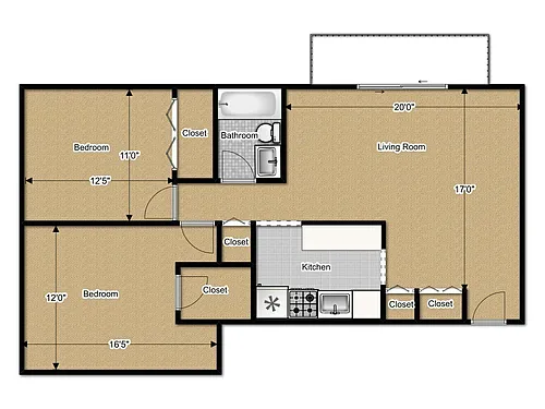 Floor plan Two Bed One Bath Standard