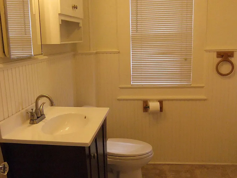 Bath with vanity sink, toilet and claw foot tub and shower over tub.
