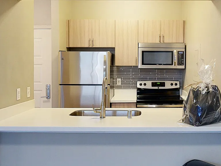 Apartment kitchen with stainless steel appliances, quartz countertops and wood-style flooring.
