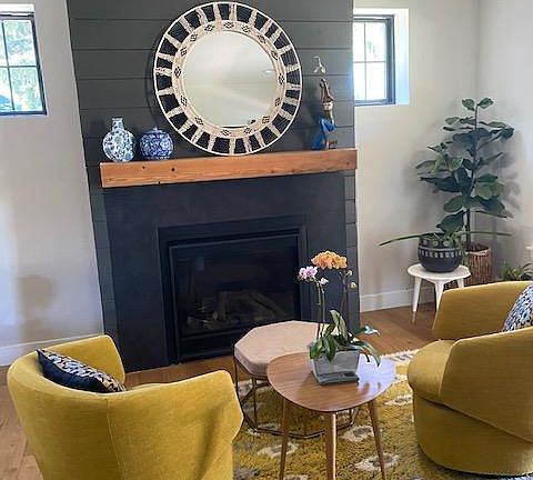 Entry with fireplace.