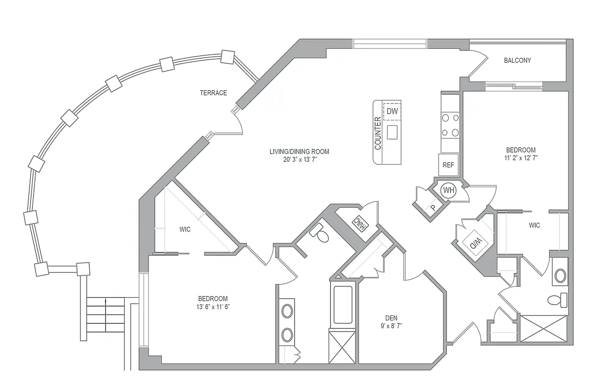 Floor plan 2BR/2BA Den