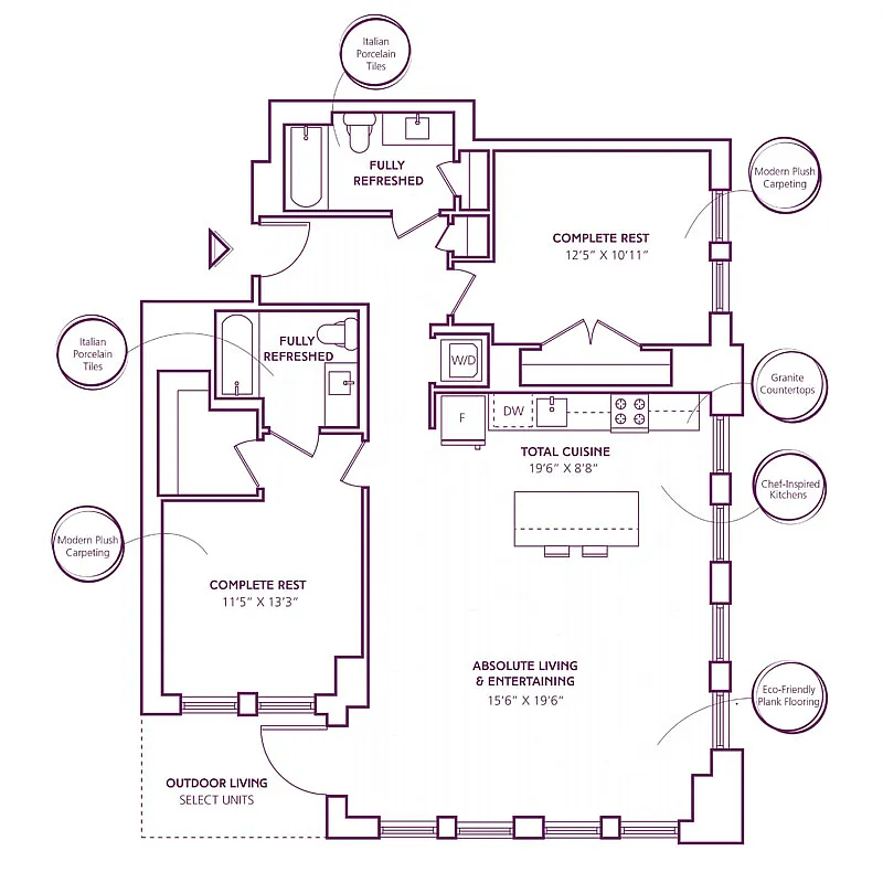 Floor plan 2 Bed - 2 Bath | B15