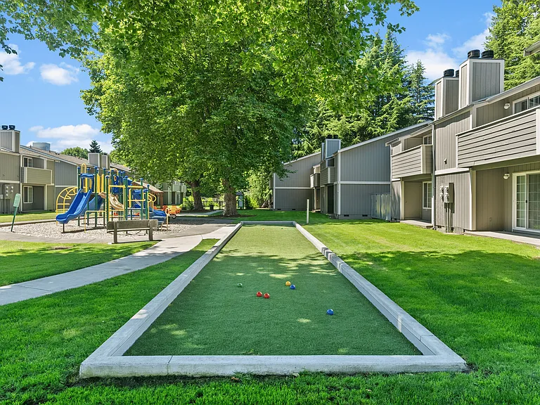 Outdoor fun with a bocce ball court and on-site playground.