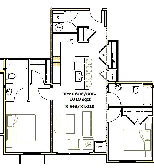 Great floorpan with extra privacy having bedrooms on opposite sides of the living space and no walls shared with other apartments - 605 N 7th Ave #206