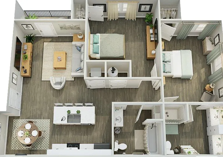 Modern 3D apartment floor plan showcasing two elegant bedrooms, a spacious living room, open kitchen with dining area, and a stylish bathroom. Modern 3D apartment floor plan showcasing two elegant bedrooms, a spacious living room, open kitchen with dining