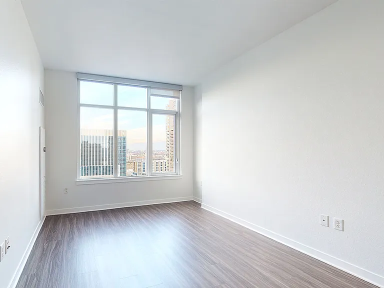 Spacious apartment Bedroom with Large Closet and Wood-Style Flooring.