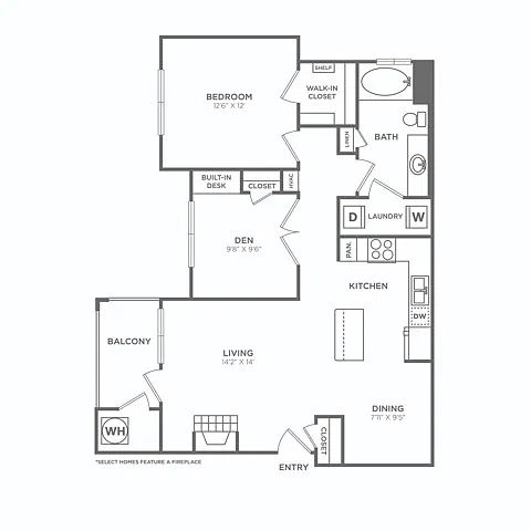 Floor plan One Bedroom One Bath (954 SF)