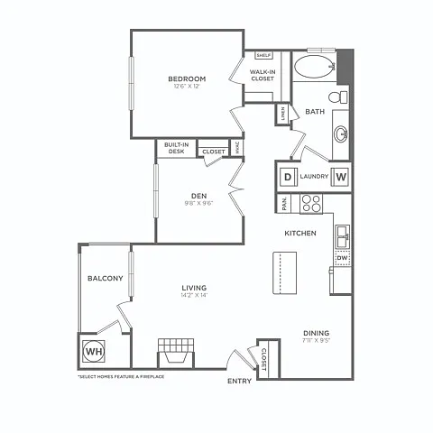 Floor plan One Bedroom One Bath (954 SF)
