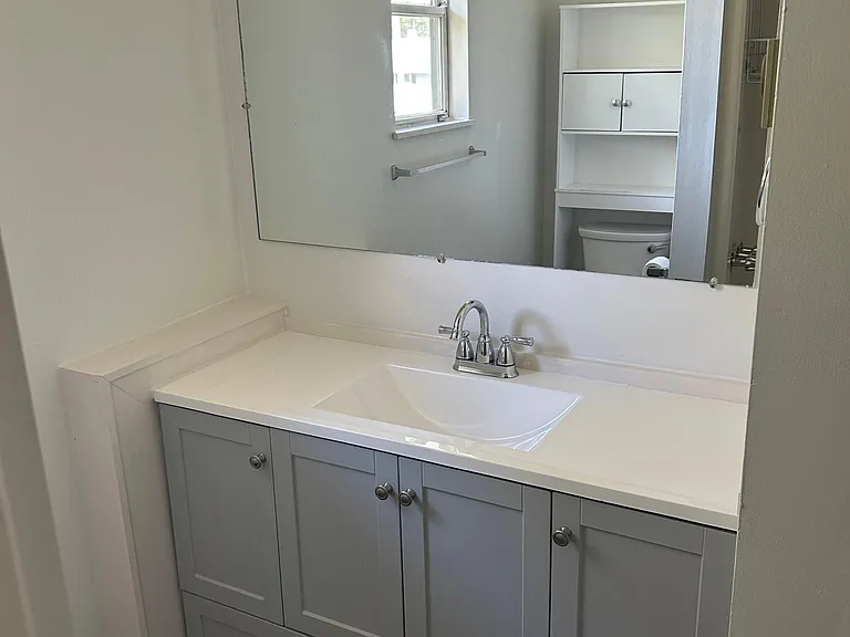 New vanity and toilet in master bath with storage over toilet